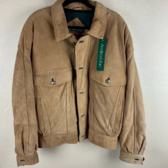 Andrew Marc Suede Lamb Leather Tan Brown Bomber Jacket Vintage size large NWT - Picture 1 of 16